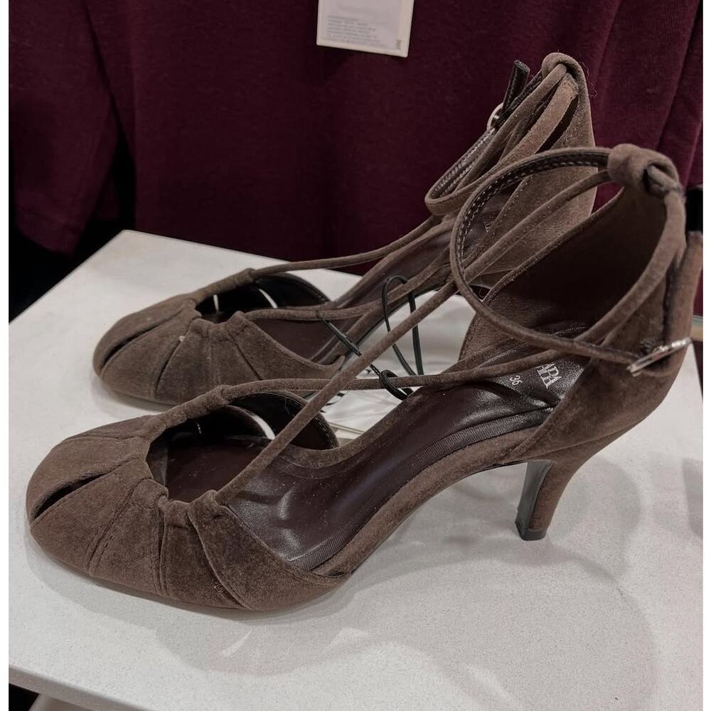 Zara NWT Brown Velvet Cross Strap Balletcore Heels 7.5 - Picture 10 of 16